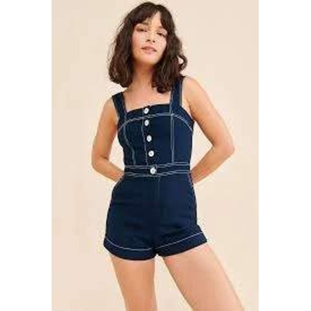 Maeve Navy Blue Denim Romper with Contrast Stitching